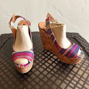 Soda Peep Toe Multicolor Stripe Wedge Slingback Sandals Size 6.5M